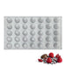 35-cavity silicone baking mold with detailed raspberry and berry shapes for chocolates, desserts, candies and cake decorations.