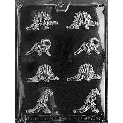 Bite size dinosaur chocolate candy mold with 8 cavities featuring T-Rex, Triceratops, Spinosaurus and Brachiosaurus designs
