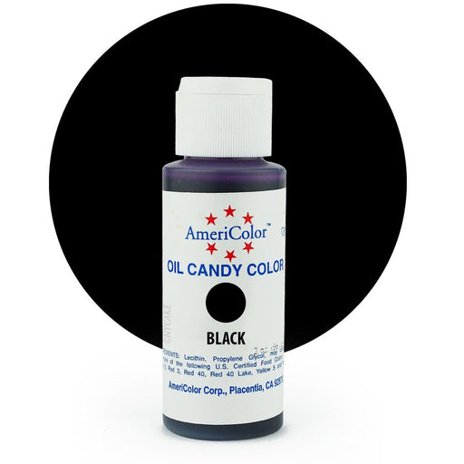 AmeriColor Black oil-based candy color 2 oz bottle for coloring chocolate, candy coatings and confections.