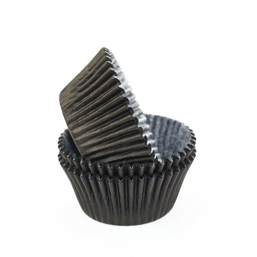 Black glassine standard-size cupcake baking cups with greaseproof design, available in packs of 50 or 500.