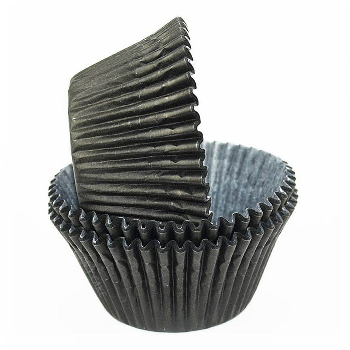 Black greaseproof jumbo cupcake baking cups measuring 2 1/2 inches wide by 1 7/8 inches high.