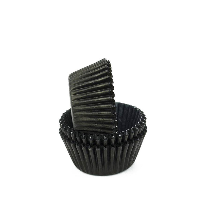 Black greaseproof mini cupcake baking cup liners for mini cupcakes, muffins, candies, chocolates, and bite-sized desserts.
