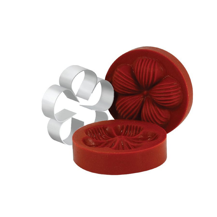 Blossom cutter and silicone veiner set with stainless steel cutter and FDA-approved silicone molds for fondant, gum paste, and sugar flowers.