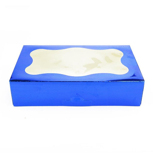 Blue 1 pound bakery cookie box with clear viewing window for cookies, brownies, pastries, and gift packaging
