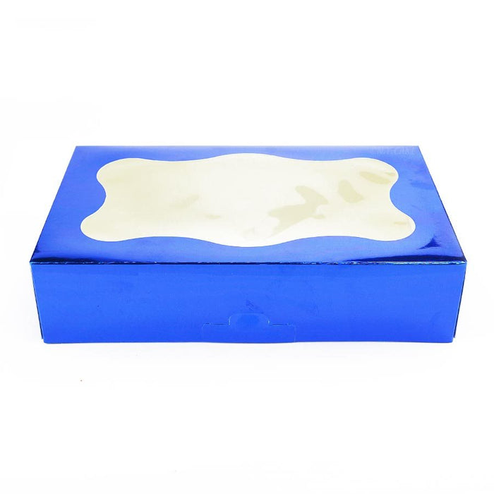 Blue 1 pound bakery cookie box with clear viewing window for cookies, brownies, pastries, and gift packaging