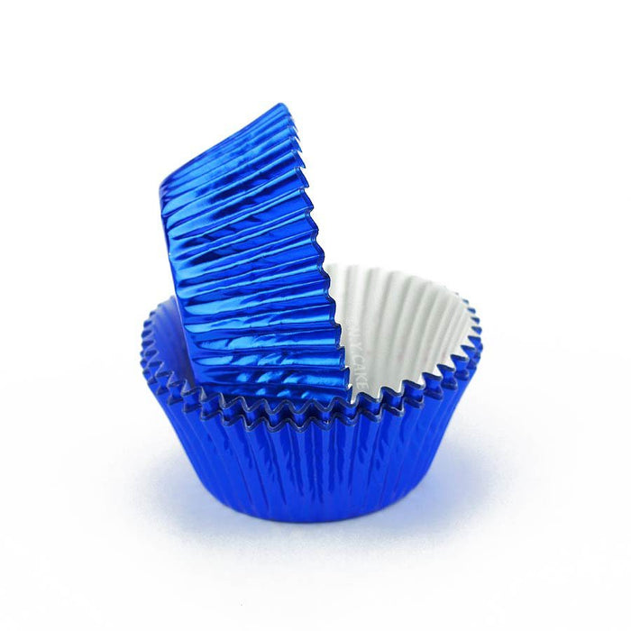 Blue foil standard-size cupcake baking cups with metallic finish, available in packs of 50 or 500.