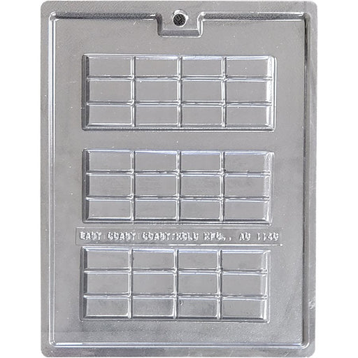 Break away chocolate bar candy mold with segmented squares measuring 2 inches by 5 1/4 inches for homemade chocolate bars