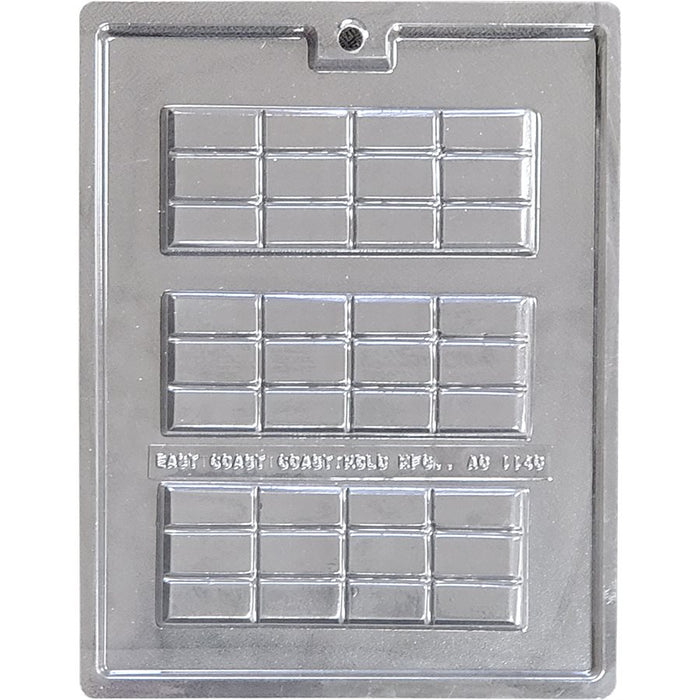 Break away chocolate bar candy mold with segmented squares measuring 2 inches by 5 1/4 inches for homemade chocolate bars