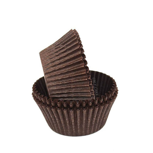 Brown glassine standard-size cupcake baking cups with greaseproof design, available in packs of 50 or 500.
