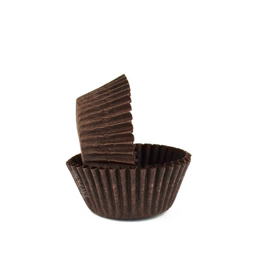 Brown greaseproof mini cupcake baking cup liners for mini cupcakes, muffins, candies, chocolates, and bite-sized treats.