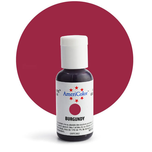 AmeriColor Burgundy Soft Gel Paste Food Color 0.75 oz bottle for frosting, fondant, cakes, cookies, cupcakes, macarons, and cake decorating.