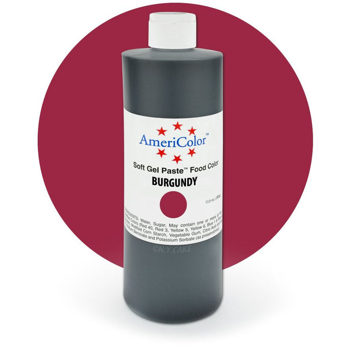 AmeriColor Burgundy Soft Gel Paste Food Color 13.5 oz bottle for frosting, fondant, cakes, cookies, cupcakes, macarons, and cake decorating.