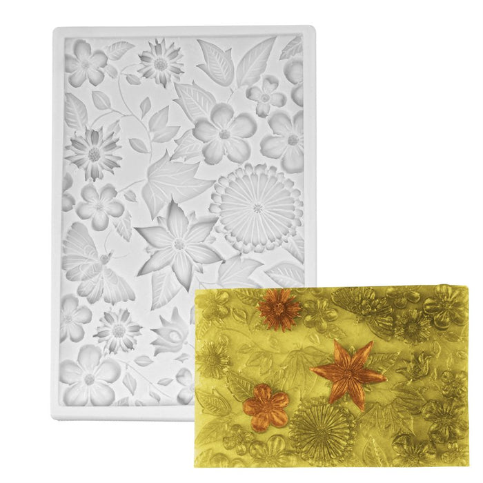 6 x 4 inch silicone mold featuring detailed butterflies, flowers, leaves, and botanical designs for fondant, chocolate, and cake decorating.