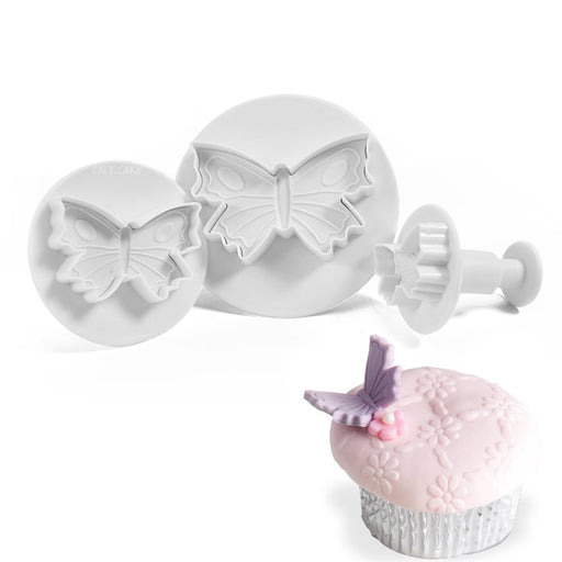 Butterfly plunger cutter set with three sizes for creating detailed butterfly decorations from fondant, gum paste, modeling chocolate, and cookie dough for cakes and cupcakes.