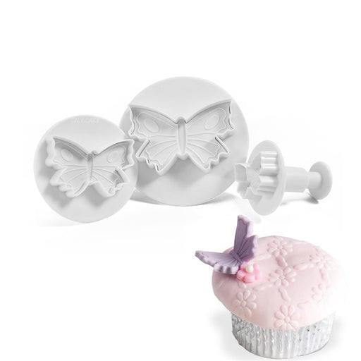 Three-piece butterfly fondant plunger cutter set with embossing detail for creating cake decorations, cupcake toppers, gum paste accents, and fondant butterflies.
