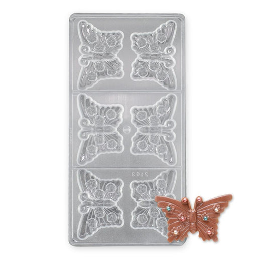 6-cavity butterfly polycarbonate chocolate mold with detailed wings for making decorative chocolates.