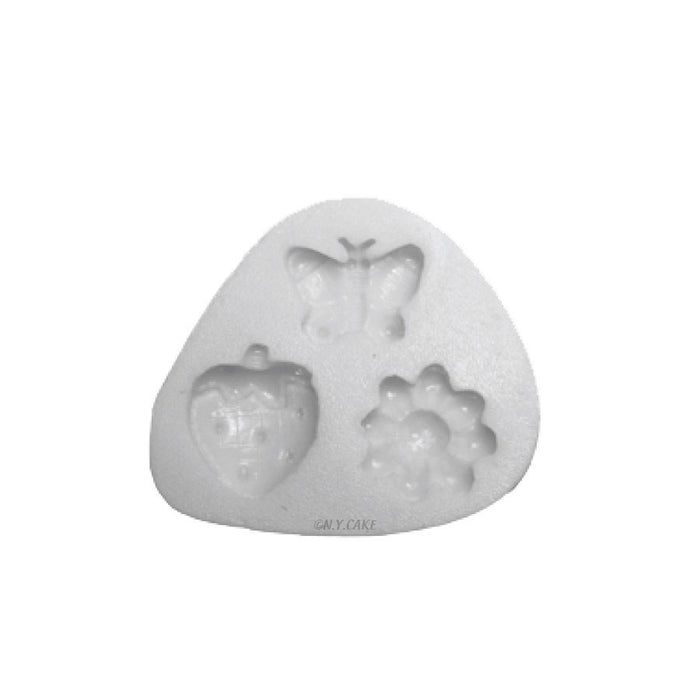 3-cavity silicone fondant mold featuring butterfly, strawberry, and flower designs for cakes, cupcakes, chocolate, and dessert decorations.