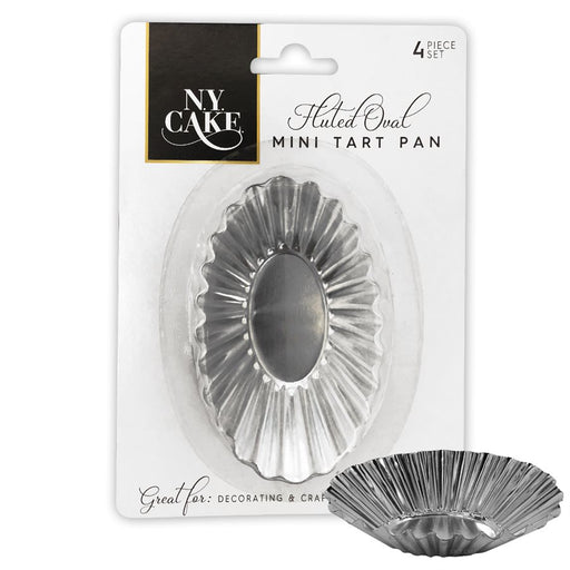 Pack of 4 fluted oval aluminum mini tart pans for tartlets, pastries, quiche, flan, and individual desserts.