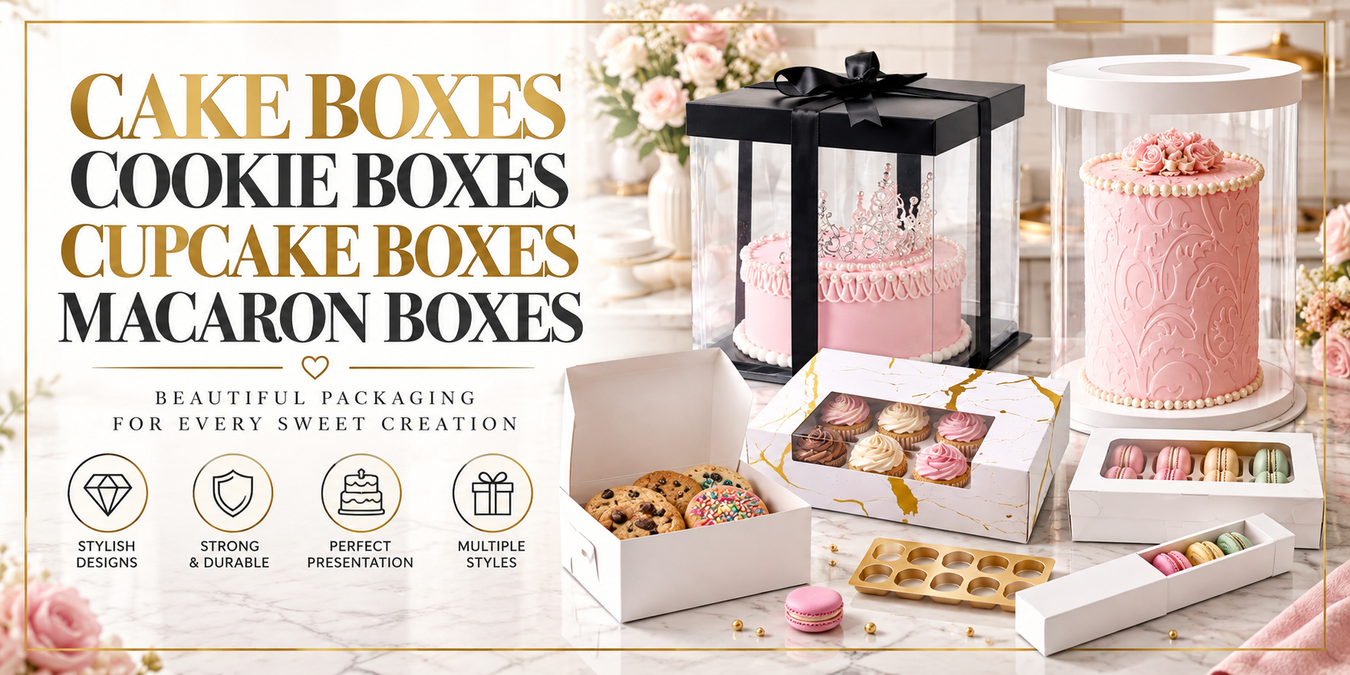 Assorted cake, cookie, cupcake, and macaron boxes displayed with decorated cakes, cupcakes, cookies, and colorful macarons.