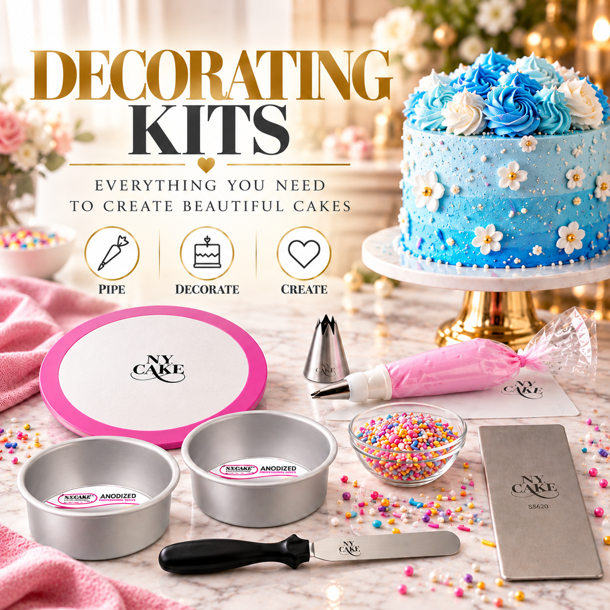 NY Cake decorating kit featuring cake pans, piping bag and tips, turntable, spatulas, sprinkles, and a decorated blue cake.