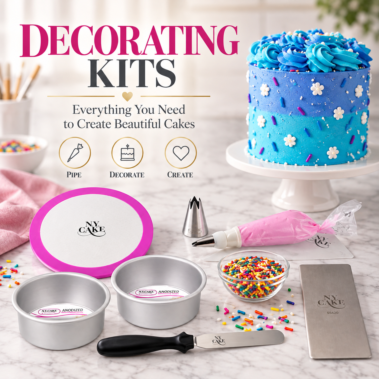 NY Cake decorating kit featuring cake pans, piping bag and tips, turntable, spatulas, sprinkles, and a decorated blue cake.