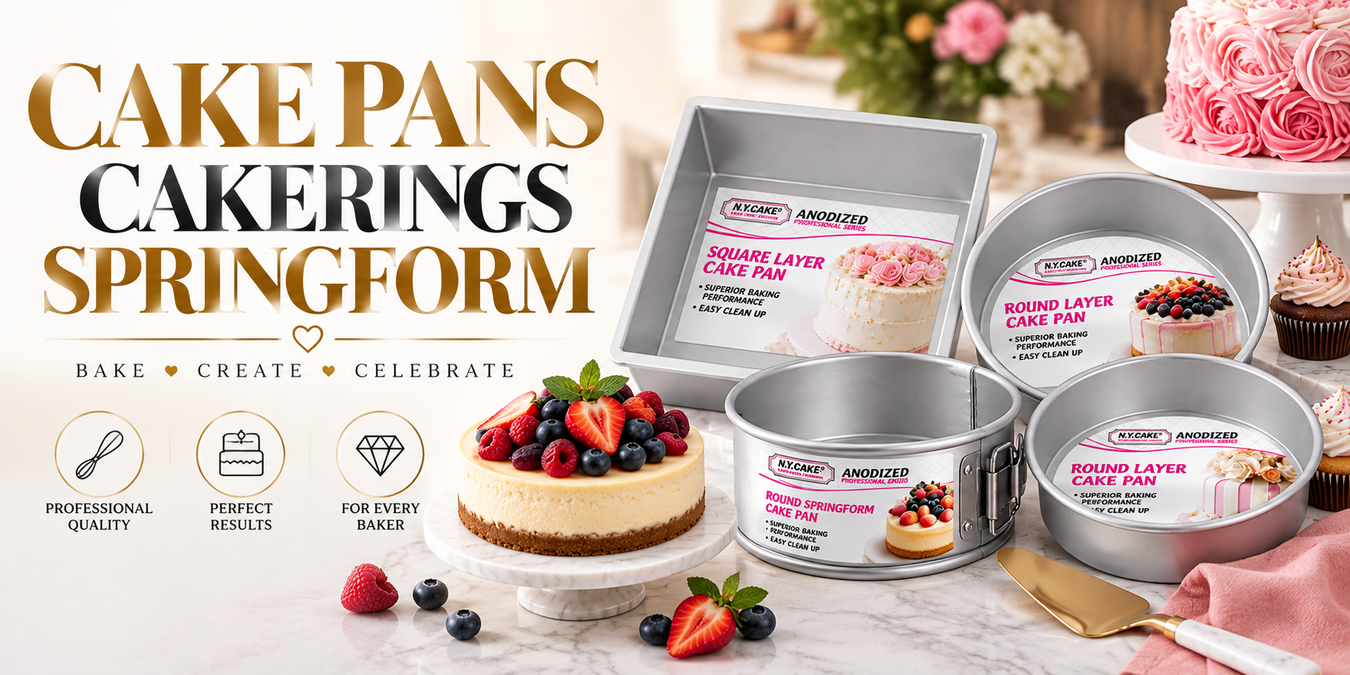 NY Cake anodized aluminum cake pans including square, round layer, catering, and springform pans displayed with decorated cakes and baking accessories.