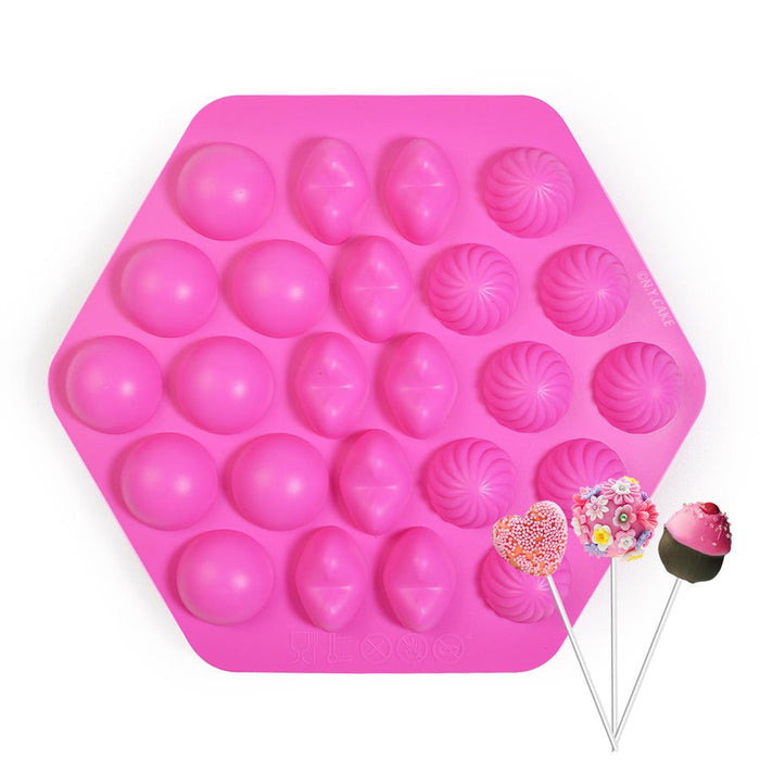 Pink 24 cavity cake pop silicone mold kit with sticks for chocolates, candy, mini desserts, cake pops, and party treats