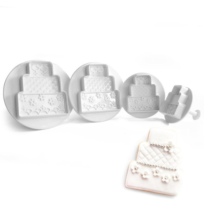 Tiered cake plunger cutter set of 4 for cutting and embossing fondant, gum paste, modeling chocolate and cake decorations.