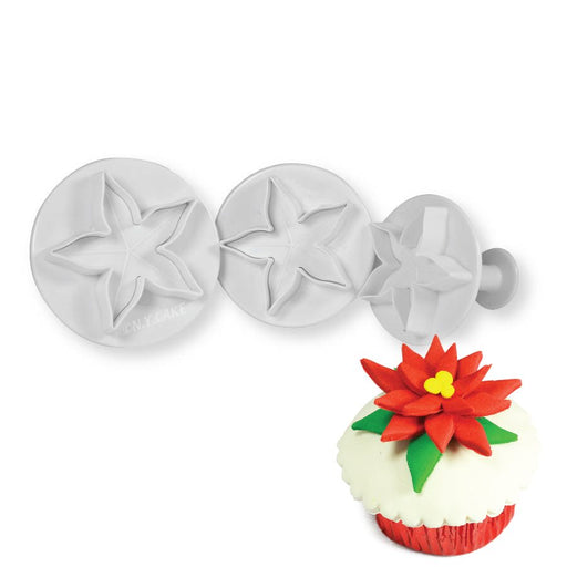 Calyx Poinsettia Plunger Cutter Set of 3 for creating realistic fondant poinsettia flowers, cupcakes, cookies and Christmas cake decorations.