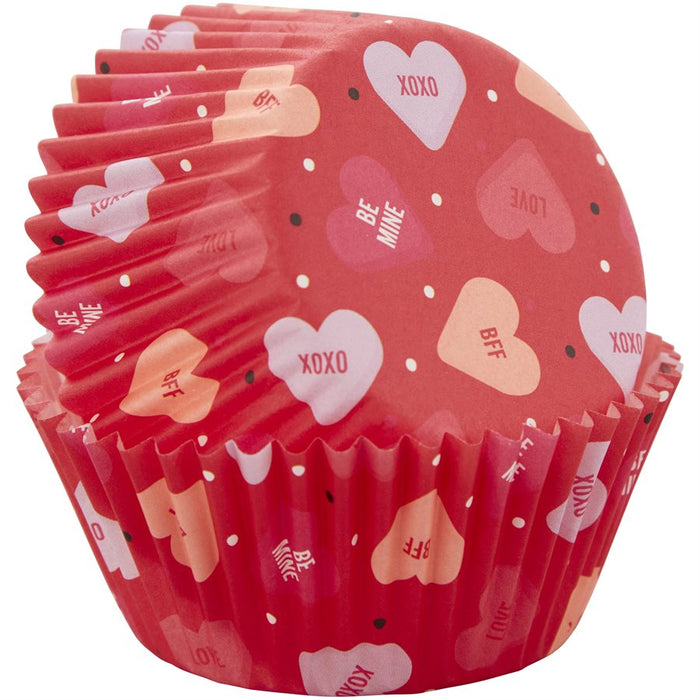 Candy Hearts standard baking cups 75 count featuring colorful Valentine's conversation heart designs for cupcakes, muffins, party treats, and holiday desserts.