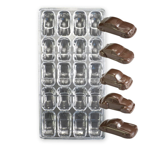 Polycarbonate chocolate mold with 20 car-shaped cavities for molded chocolates, candy making, racing party favors, and themed dessert decorations.