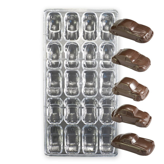 Polycarbonate chocolate mold with 20 car-shaped cavities for molded chocolates, candy making, racing party favors, and themed dessert decorations.