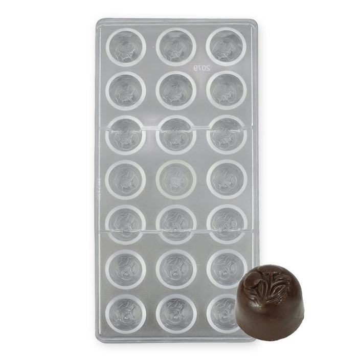 Polycarbonate chocolate mold with 21 cavities for cherry cordials, bon bons, truffles, filled chocolates, candy making, and gourmet confectionery desserts.