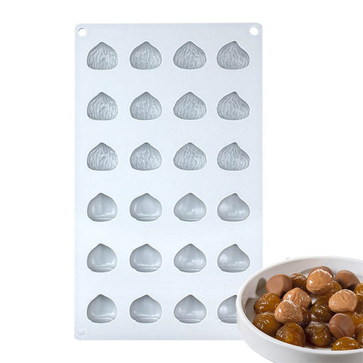 24-cavity silicone baking mold for making chestnut-shaped chocolates, mini cakes, candies and Thanksgiving desserts.
