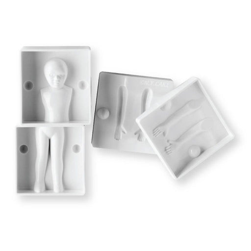 6-piece silicone fondant mold set for creating 3D child figures with torso, arms, and legs for cakes, fondant, gum paste, and modeling chocolate.