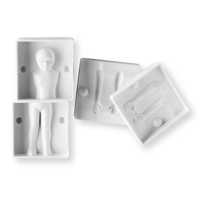 6-piece silicone fondant mold set for creating 3D child figures with torso, arms, and legs for cakes, fondant, gum paste, and modeling chocolate.