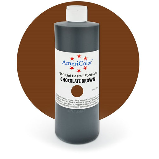 AmeriColor Chocolate Brown Soft Gel Paste Food Color 13.5 oz bottle for frosting, fondant, cakes, cookies, cupcakes, macarons, and cake decorating.
