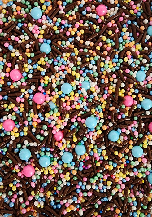 Chocolate Crunch Sprinkle Mix featuring colorful pearls, chocolate sprinkles, and crunchy decorations for cakes, cupcakes, cookies, and desserts.