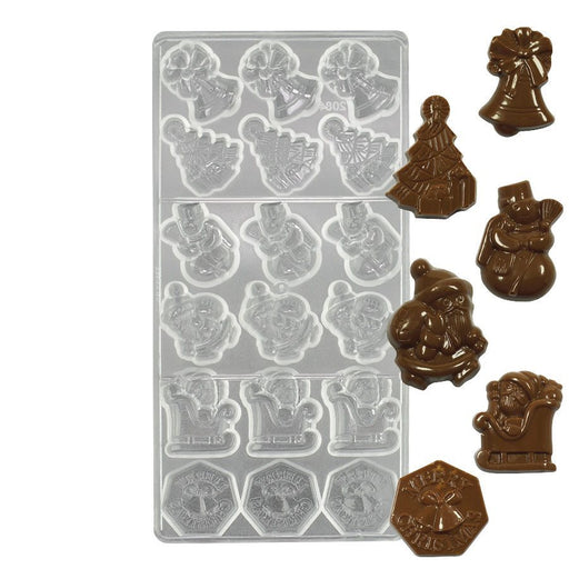 18-cavity Christmas assortment polycarbonate chocolate mold with assorted festive holiday designs.