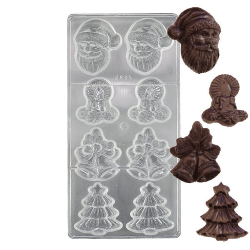 Chocolate mold with Santa Claus and Christmas tree shapes, showing chocolate casts on a white background.