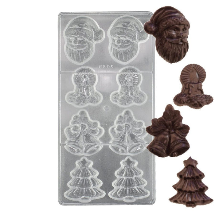 Chocolate mold with Santa Claus and Christmas tree shapes, showing chocolate casts on a white background.