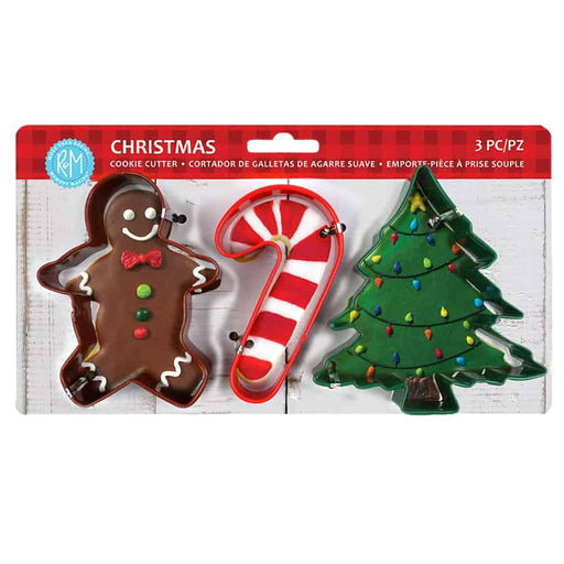 3-piece colored Christmas cookie cutter set with gingerbread man, candy cane and Christmas tree