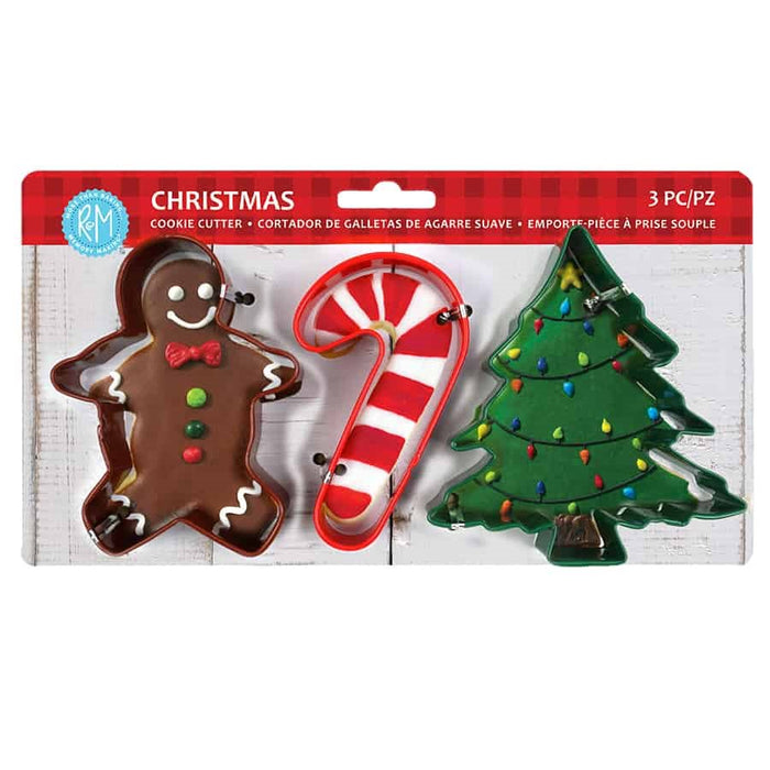3-piece colored Christmas cookie cutter set with gingerbread man, candy cane and Christmas tree
