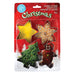 Packaged Christmas-themed cookie cutters with star, tree, gingerbread man, and snowflake designs on a red background.