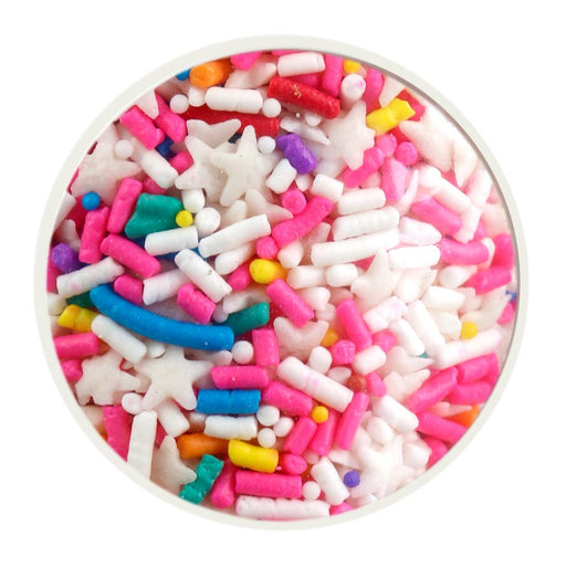 Circus Cookie Sprinkle Mix 2.2 oz with rainbow jimmies and white star sprinkles for decorating cakes, cookies and cupcakes