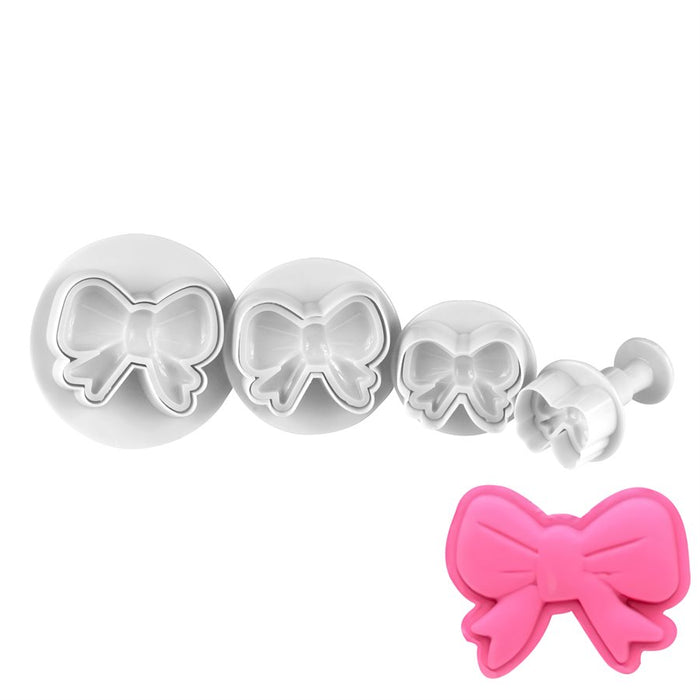 Classic Bow Plunger Cutter Set of 4 for creating fondant bow decorations for cakes, cupcakes, cookies, baby showers and wedding desserts.