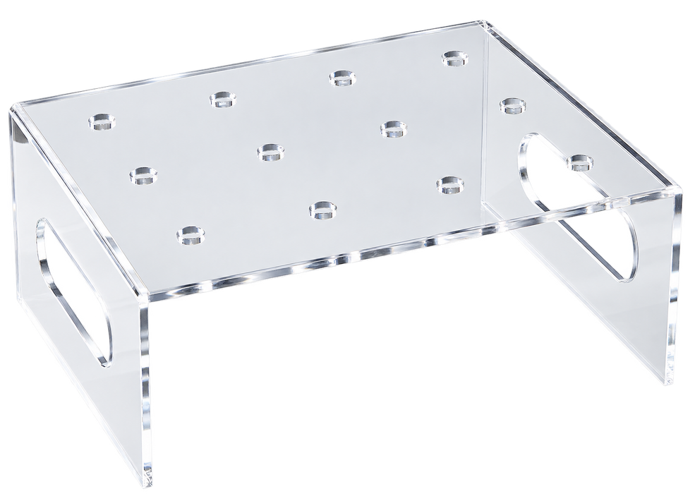 Clear acrylic push-up cake pop stand with 12 holes for displaying cake pops, dessert shooters and treats.