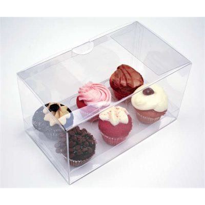 Clear plastic mini cupcake box with removable 6-cavity insert designed to hold six mini cupcakes or mini muffins securely for display and transport.
