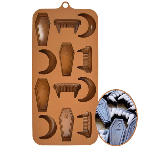 12-cavity coffin, casket and vampire teeth silicone chocolate mold for making spooky Halloween chocolates, candies and themed treats.
