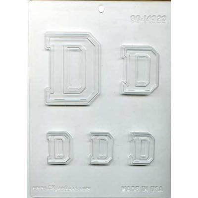 Letter D chocolate candy mold with multiple alphabet letter sizes for personalized chocolates, monograms, cake decorating, and candy making